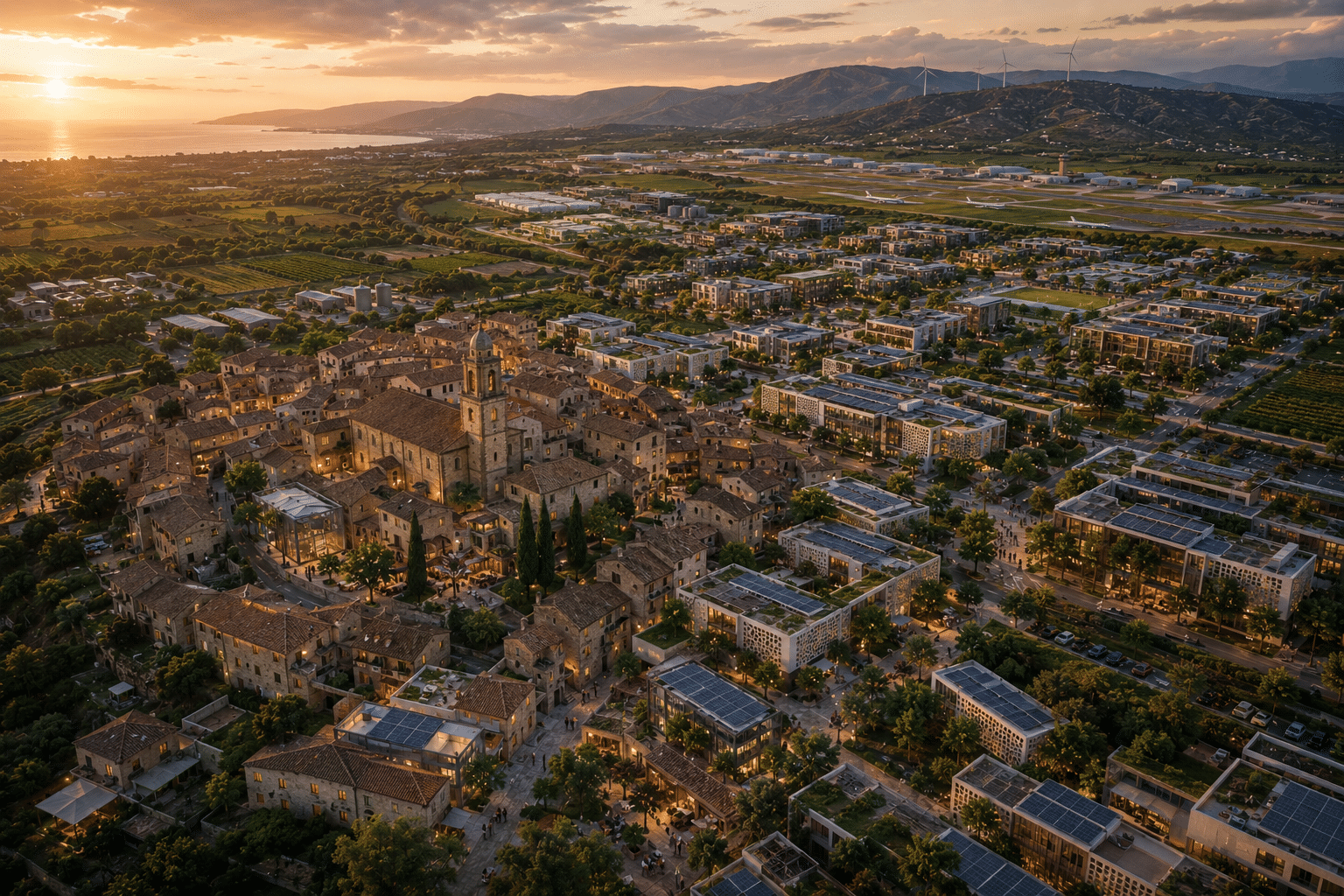 Aerial view of ECAHLI technology integrated into an existing town in Spain
