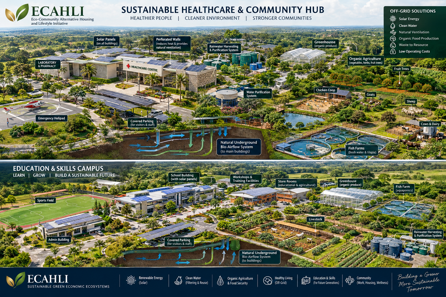 Sustainable eco-community masterplan concept with campus and hospital